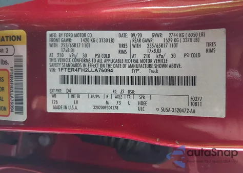 2020 Ford Ranger Xlt z USA, uszkodzony, nr VIN 1FTER4FH2LLA76094